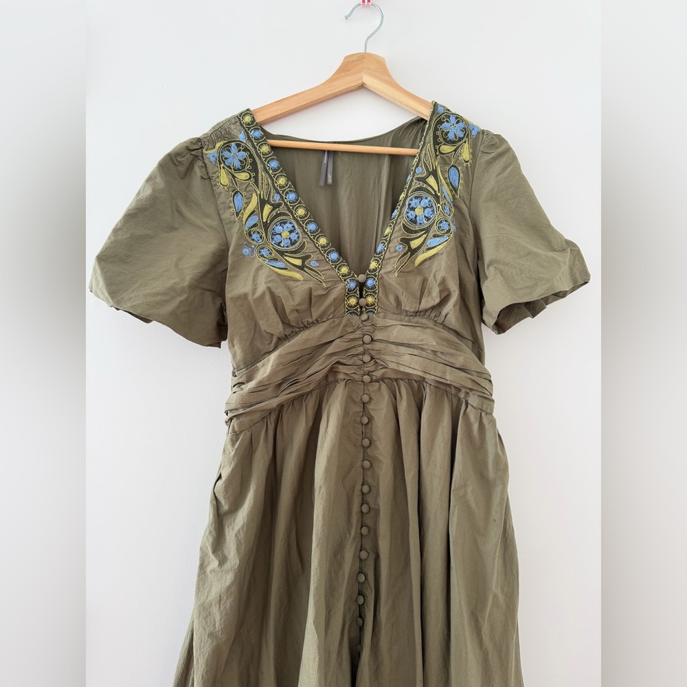 Anthropologie Katerina Embellished Button-Front Dress - Embroidered with Pockets